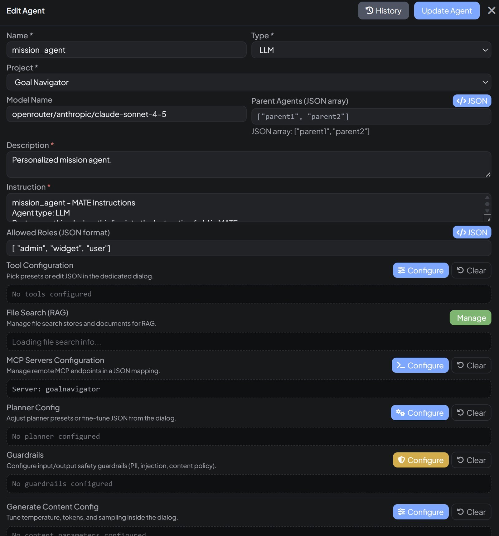 MATE agent configuration screen — model selection, MCP servers, guardrails, and allowed roles