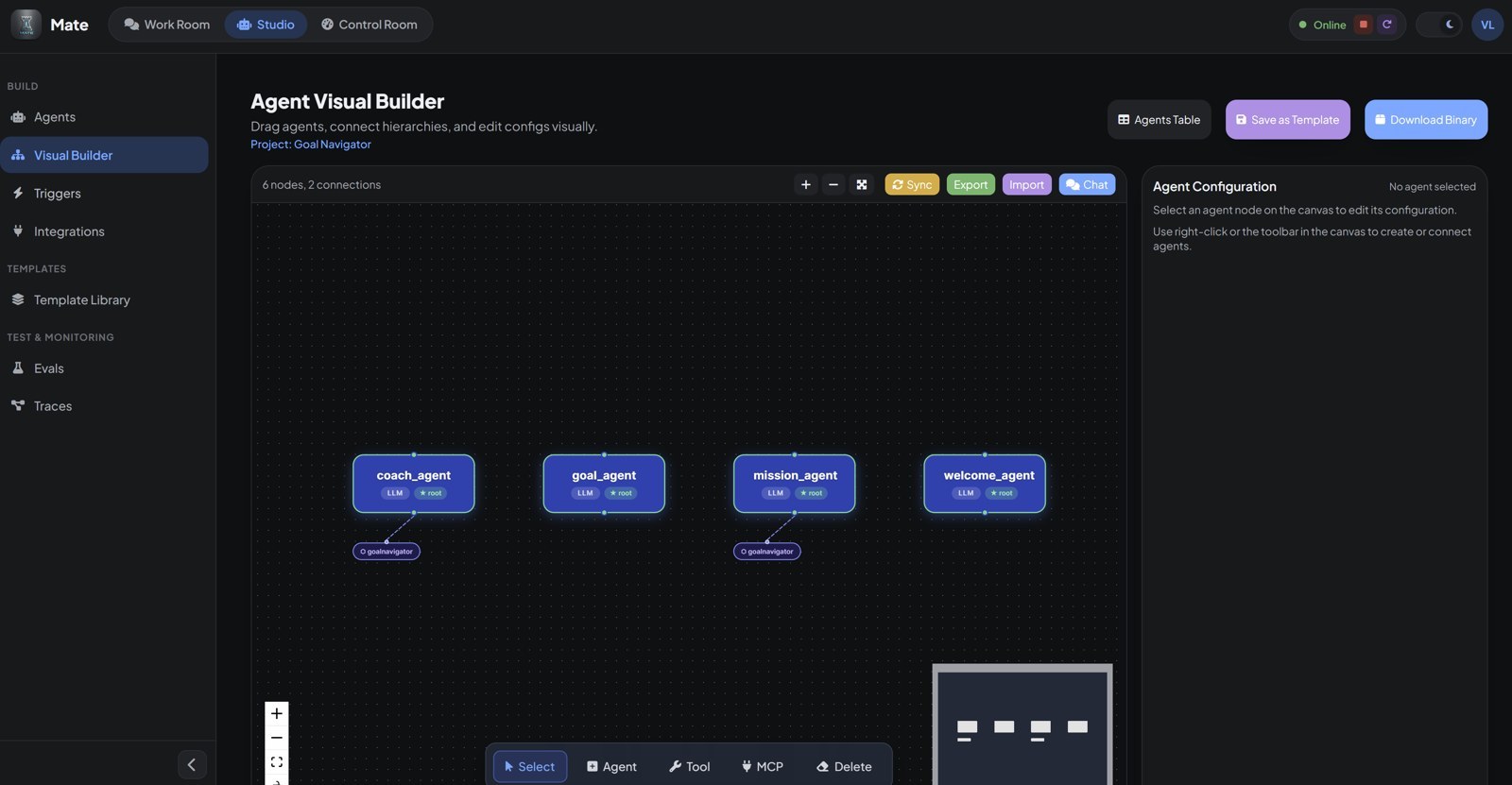 MATE Visual Builder — the agent graph behind Goal Navigator, with agents connected to an MCP server