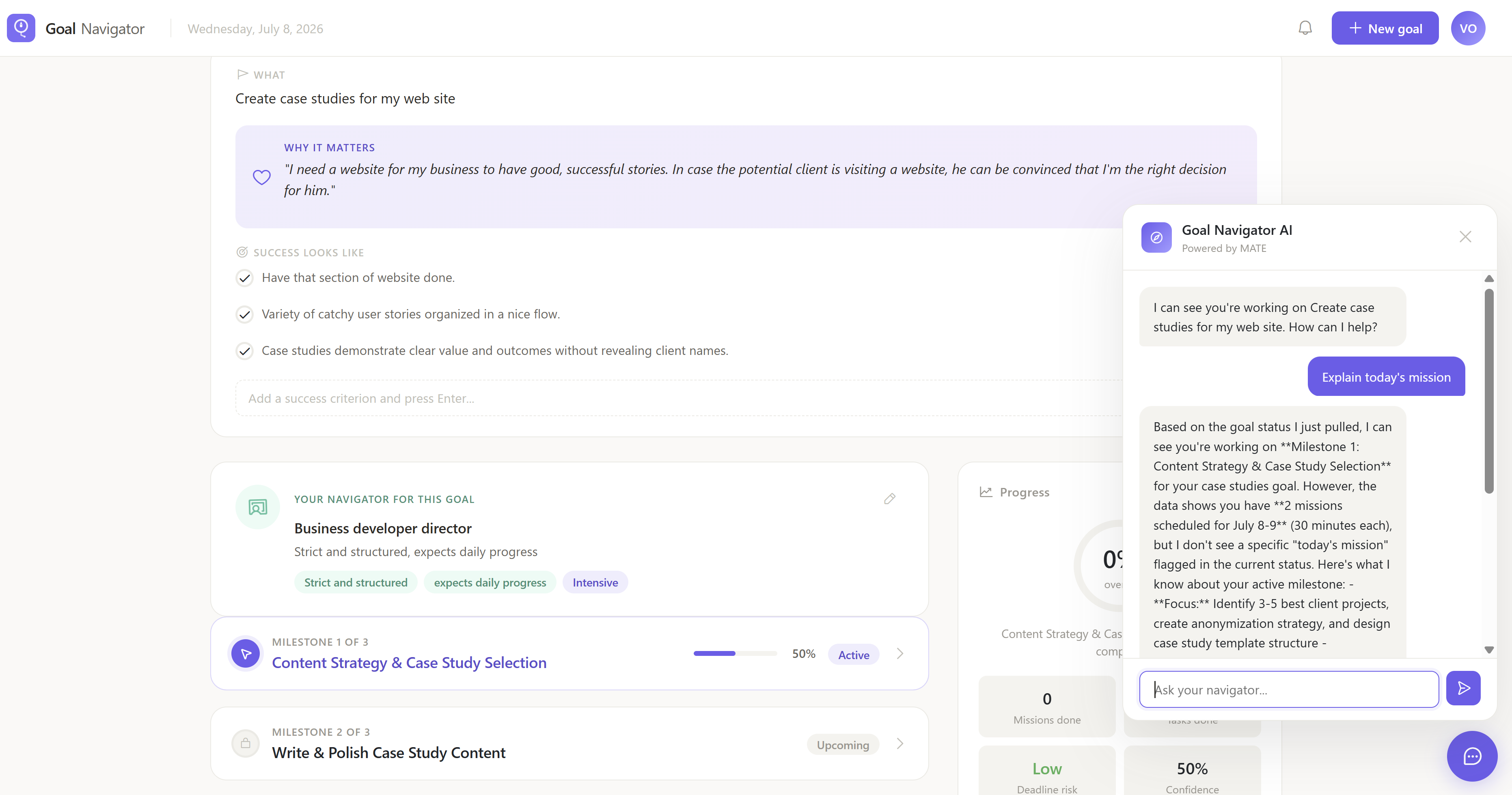 Goal detail — navigator persona, milestones, success criteria