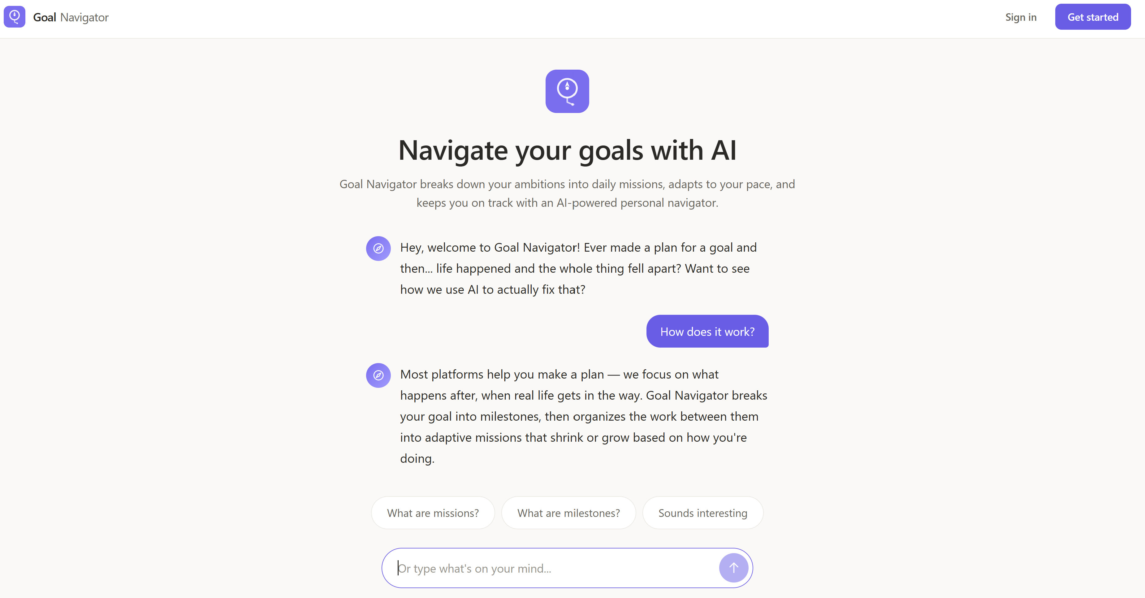 Goal Navigator landing page — a conversational welcome agent greets visitors